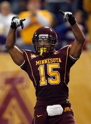 MINNEAPOLIS - NOVEMBER 01: Traye Simmons #15 of the Minnesota Golden Gophers celebrates his interception for a touchdown for a 14-10 lead over the Northwestern Wildcats during the second quarter at the Hubert H.Humphrey Metrodome on November 1, 2008 in Mi