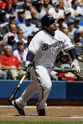 MILWAUKEE - MAY 14: Prince Fielder #28 of the Milwaukee Brewers runs after hitting the ball against the Florida Marlins on May 14, 2009 at Miller Park in Milwaukee, Wisconsin. The Brewers defeated the Marlins 5-3. (Photo by Jonathan Daniel/Getty Images)