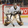 WASHINGTON - SEPTEMBER 30:  Goaltender Sebastien Caron #31 of the Pittsburgh Penguins gets set for a shot against the Washington Capitals during their preseason NHL game on September 30, 2005 at MCI Center in Washington, DC. (Photo by Mitchell Layton/Gett