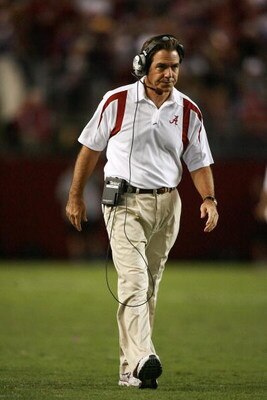 TUSCALOOSA, AL - NOVEMBER 03: Head coach Nick Saban of the Alabama Crimson Tide walks the sidelines while taking on the LSU Tigers at Bryant-Denny Stadium on November 3, 2007 in Tuscaloosa, Alabama. LSU defeated Alabama 41-34.  (Photo by Doug Benc/Getty I