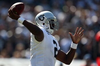 OAKLAND, CA - SEPTEMBER 28:  JaMarcus Russell #2 of the Oakland Raiders passes during the game against the San Diego Chargers on September 28, 2008 at Oakland Coliseum in Oakland, California. (Photo by Jed Jacobsohn/Getty Images)