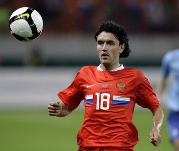 MOSCOW, RUSSIA - AUGUST 20:  Yuri Zhirkov of Russia is shown in action during a friendly international soccer match against Netherlands at the Lokomotiv Stadium on August 20, 2008 in Moscow, Russia.  (Photo by Dima Korotayev)