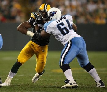 GREEN BAY, WI - AUGUST 28: Jeremy Thompson #99 of the Green Bay Packers rushes against Leroy Harris #64 of the Tenessee Titans on August 28, 2008 at Lambeau Field in Green Bay, Wisconsin. The Titans defeated the Packers 23-21. (Photo by Jonathan Daniel/Ge
