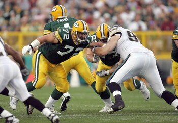 GREEN BAY, WI - AUGUST 23:  Jason Spitz #72 of the Green Bay Packers blocks the line during the game against the Jacksonville Jaguars on August 23, 2007 at Lambeau Field in Green Bay, Wisconsin. (Photo by Jonathan Daniel/Getty Images)