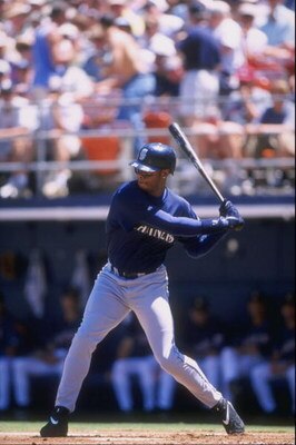25 Jun 1998:  Ken Griffey Jr. #24 of the Seattle Mariners in action during an interleague game against the San Diego Padres at Qualcomm Stadium in San Diego, California.  The Padres defeated the Mariners 2-0. Mandatory Credit: Todd Warshaw  /Allsport