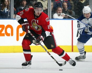 TORONTO - APRIL 11:  Dany Heatley #15 of the Ottawa Senators skates with the puck in a game against the Toronto Maple Leafs on April 11, 2009 at the Air Canada Centre in Toronto, Ontario. The Leafs defeated the Senators on the strength of a 3 goal perform