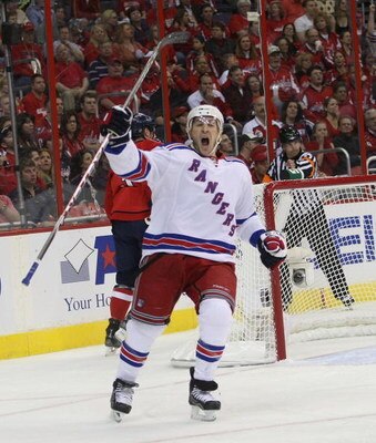 WASHINGTON - APRIL 18: Ryan Callahan #24 of the New York Rangers scores at 7:44 of the first period against the Washington Capitals during Game Two of the Eastern Conference Quarterfinal Round of the 2009 NHL Stanley Cup Playoffs at Verizon Center on Apri