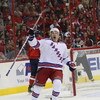 WASHINGTON - APRIL 18: Ryan Callahan #24 of the New York Rangers scores at 7:44 of the first period against the Washington Capitals during Game Two of the Eastern Conference Quarterfinal Round of the 2009 NHL Stanley Cup Playoffs at Verizon Center on Apri