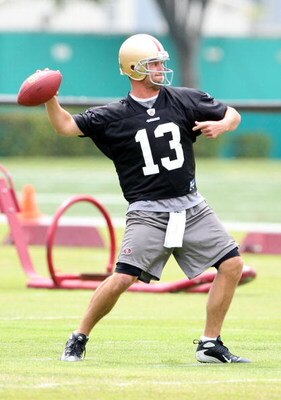 SANTA CLARA, CA - MAY 01:  Quarterback Shaun Hill #13 of the San Francisco 49ers throws the ball during the 49ers Minicamp at their training facilities on May 1, 2009 in Santa Clara, California.  (Photo by Jed Jacobsohn/Getty Images)