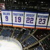UNIONDALE, NY - JANUARY 29:  The New York Islanders  banners honoring the retired jerseys of Denis Potvin, Clark Gillies, Bryan Trottier, Mike Bossy, Bob Nystrom and Bill Smith are shown during the game against the Ottawa Senators on January 29, 2008 at N
