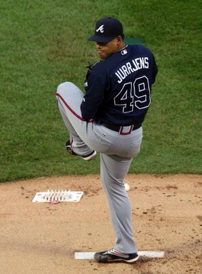 NEW YORK - MAY 12:  Jair Jurrjens #49 of the Atlanta Braves throws a pitch against the New York Mets on May 12, 2009 at Citi Field in the Flushing neighborhood of the Queens borough of New York City. The Mets defeated the Braves 4-3 in ten innings.  (Phot