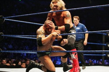 SYDNEY, AUSTRALIA - JUNE 15:  World Heavyweight Champion Edge gets Batista into the ropes during WWE Smackdown at Acer Arena on June 15, 2008 in Sydney, Australia.  (Photo by Gaye Gerard/Getty Images)