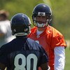 LAKE FOREST, IL - MAY 20: Jay Cutler #6 of the Chicago Bears gives instructions to teammate Earl Bennett #80 during an organized team activity (OTA) practice on May 20, 2009 at Halas Hall in Lake Forest, Illinois.  (Photo by Jonathan Daniel/Getty Images)
