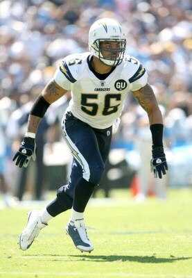 SAN DIEGO - SEPTEMBER 07:  Linebacker Shawne Merriman #56 of the San Diego Chargers pursues the play against the Carolina Panthers on September 7, 2008 at Qualcomm Stadium in San Diego, California. The Panthers won 26-24.  (Photo by Stephen Dunn/Getty Ima