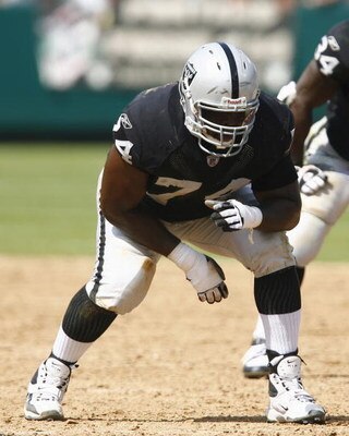 OAKLAND, CA - SEPTEMBER 9:  Tackle Cornell Green #74 of the Oakland Raiders prepares to block against the Detroit Lions at the McAfee Coliseum on September 9, 2007 in Oakland, California.  The Lions defeated the Raiders 36-21 (Photo by Kevin Terrell/Getty
