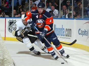 UNIONDALE, NY - MARCH 24: Bryan Berard #4 of the New York Islanders skates against the Pittsburgh Penguins on March 24, 2008 at Nassau Coliseum in Uniondale, New York. The Isles defeated the Pens 4-1. (Photo by Jim McIsaac/Getty Images) 