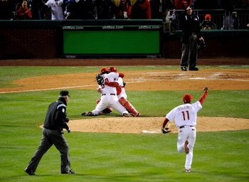 PHILADELPHIA - OCTOBER 29:  Catcher Carlos Ruiz #51 and Brad Lidge #54 of the Philadelphia Phillies celebrate after recording the final out of their 4-3 win to win the World Series against the Tampa Bay Rays during the continuation of game five of the 200