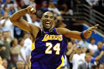 ORLANDO, FL - JUNE 14:  Kobe Bryant #24 of the Los Angeles Lakers celebrates after defeating the Orlando Magic 99-86 in Game Five of the 2009 NBA Finals on June 14, 2009 at Amway Arena in Orlando, Florida.  NOTE TO USER:  User expressly acknowledges and a