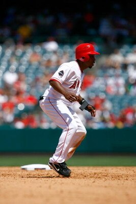 ANAHEIM, CA - JUNE 14:  Chone Figgins #9 of the Los Angeles Angels of Anaheim runs against the San Diego Padres at Angel Stadium on June 14, 2009 in Anaheim, California. The Angels defeated the Padres 6-0.  (Photo by Jeff Gross/Getty Images)