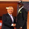 NEW YORK - JUNE 25:  NBA Commissioner David Stern poses for a photograph with the seventeenth overall draft pick by the Philadelphia 76ers,  Jrue Holiday during the 2009 NBA Draft at the Wamu Theatre at Madison Square Garden June 25, 2009 in New York City