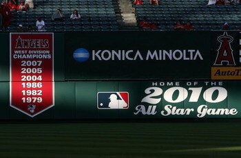 ANAHEIM, CA - AUGUST 12:  A banner for the Los Angeles Angels of Anaheim AL West championships and 2010 All Star Game preview are seen on the wall before the game against the Seattle Mariners at Angel Stadium on August 12, 2008 in Anaheim, California.   T