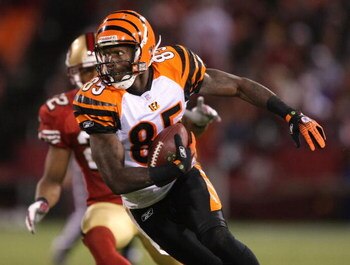 SAN FRANCISCO - DECEMBER 15:  Chad Johnson #85 of the Cincinnati Bengals catches a pass against the San Francisco 49ers during an NFL game on December 15, 2007 at Monster Park in San Francisco, California.  (Photo by Jed Jacobsohn/Getty Images)
