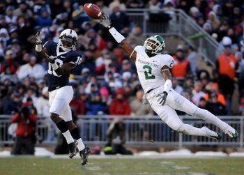 STATE COLLEGE, PA - NOVEMBER 22:  Mark Dell #2 of the Michigan State Spartans can't pull in a pass in front of Lydell Sargeant #10 of the Penn State Nittany Lions on November 22, 2008 at Beaver Stadium in State College, Pennsylvania.  (Photo by Joe Sargen