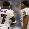 INDIANAPOLIS, IN - DECEMBER 19:  Cornerback Deion Sanders #37 and linebacker Ray Lewis #52 of the Baltimore Ravens talk during the game against the Indianapolis Colts on December 19, 2004 at the RCA Dome in Indianapolis, Indiana. The Colts defeated the Ra