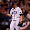 ST PETERSBURG, FL - OCTOBER 23:  Starting pitcher James Shields #33 of of the Tampa Bay Rays reacts against the Philadelphia Phillies during game two of the 2008 MLB World Series on October 23, 2008 at Tropicana Field in St. Petersburg, Florida.  (Photo b