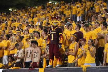TEMPE, AZ - SEPTEMBER 20:  Arizona State Sun Devils mascot Sparky stands with the student section during hte game with  the Georgia Bulldogs  on September 20, 2008 at Sun Devil Stadium in Tempe, Arizona.  Georgia won 27-10.  (Photo by Stephen Dunn/Getty I