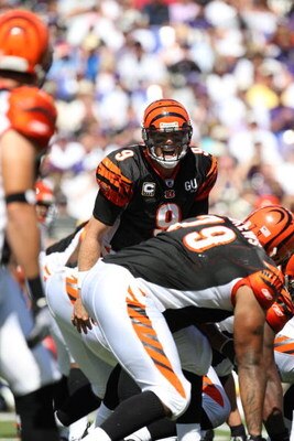 BALTIMORE - SEPTEMBER 7: Quarterback Carson Palmer #5 of the Cincinnati Bengals calls a play at the line against the Baltimore Ravens at M&T Bank Stadium on September 7, 2008 in Baltimore, Maryland. The Ravens won 17-10. (Photo by Ned Dishman/Getty Images