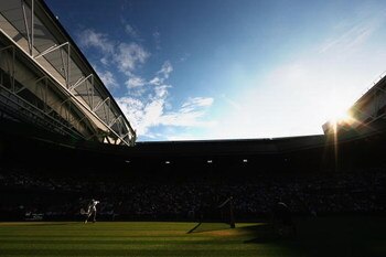 WIMBLEDON, ENGLAND - JUNE 26:  A general view of Centre Court as Mardy Fish of USA plays a forehand during the men's singles third round match against Novak Djokovic of Serbia on Day Five of the Wimbledon Lawn Tennis Championships at the All England Lawn 