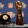 DETROIT - FEBRUARY 03:  A helmit AFC Champion Pittsburgh Steelers is pictured with the Lombardi Trophy in between press conferences at the Renaissance Center on February 3, 2006 in Detroit, Michigan.  (Photo by Andy Lyons/Getty Images)