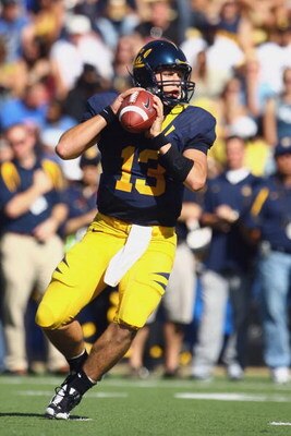 BERKELEY, CA - OCTOBER 25: Quarterback Kevin Riley #13 of the Cal Golden Bears drops back to pass during the second quarter against the UCLA Bruins at Memorial Stadium on October 25, 2008 in Berkeley, California. (Photo by Jeff Gross/Getty Images)