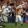 GLENDALE, AZ - JANUARY 05:  Quarterback Colt McCoy #12 of the Texas Longhorns throws a pass against the Ohio State Buckeyes during the Tostitos Fiesta Bowl Game on January 5, 2009 at University of Phoenix Stadium in Glendale, Arizona.   The Longhorns defe