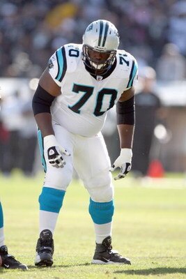 OAKLAND - NOVEMBER 9: Travelle Wharton #70 of the Carolina Panthers gets ready on the field during the game against the Oakland Raiders at the Oakland-Alameda County Coliseum on November 9, 2008 in Oakland, California. (Photo by: Jed Jacobsohn/Getty Image