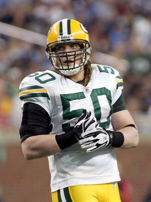 DETROIT - SEPTEMBER 14:  A.J. Hawk #50 of the Green Bay Packers vs. Detroit Lions on September 14, 2008 at Ford Field in Detroit, Michigan.  (Photo by Domenic Centofanti/Getty Images)