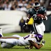 PHILADELPHIA - SEPTEMBER 20:  Brian Westbrook #36 of the Philadelphia Eagles is hit by Kevin Williams #93 of the Minnesota Vikings at Lincoln Financial Field on September 20, 2004 in Philadelphia, Pennsylvania. (Photo by Ezra Shaw/Getty Images)