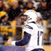 PITTSBURGH - JANUARY 11:  Philip Rivers #17 of the San Diego Chargers celebrates after he threw a 41-yard touchdown pass to Vincent Jackson #83 in the first quarter against the Pittsburgh Steelers during their AFC Divisional Playoff Game on January 11, 20