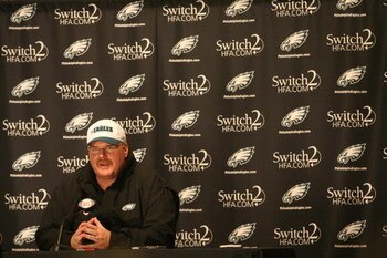 PHILADELPHIA - MAY 1: Head coach Andy Reid of the Philadelphia Eagles speaks at a press conference during minicamp at the NovaCare Complex on May 1, 2009 in Philadelphia, Pennsylvania. (Photo by Hunter Martin/Getty Images)