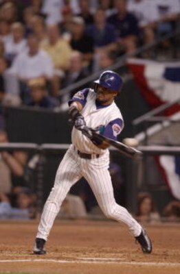 4 Nov 2001: Tony Womack #5 of the Arizona Diamondbacks connects against the New York Yankees during game seven of the Major League Baseball World Series at Bank One Ballpark in Phoenix, Arizona. The Diamondbacks won 3-2. DIGITAL IMAGE. Mandatory Credit: H