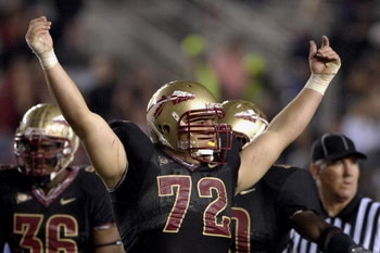 TALLAHASSEE, FL - OCTOBER 27: Defensive tackle Budd Thacker #72 of the Florida State Seminoles celebrates a touchdown against the Duke Blue Devils at Doak Campbell Stadium on October 27, 2007 in Tallahassee, Florida.  FSU won 25-6. (Photo by Al Messerschm