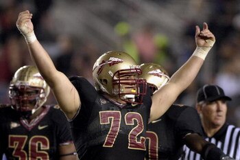TALLAHASSEE, FL - OCTOBER 27: Defensive tackle Budd Thacker #72 of the Florida State Seminoles celebrates a touchdown against the Duke Blue Devils at Doak Campbell Stadium on October 27, 2007 in Tallahassee, Florida.  FSU won 25-6. (Photo by Al Messerschm