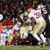 COLLEGE PARK, MD - NOVEMBER 22: DaRel Scott #23 of the Maryland Terrapins fumbles as Derek Nicholson #30 of the Florida State Seminoles prepares to recover the ball and run it in for a touchdown on November 22, 2008 at Byrd Stadium in College Park, Maryla