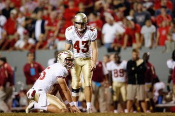 RALEIGH, NC - OCTOBER 16:  Graham Gano #43 of the Florida State Seminoles lines up to kick during the game against the North Carolina State Wolfpack at Carter-Finley Stadium on October 16, 2008 in Raleigh, North Carolina.  (Photo by Kevin C. Cox/Getty Ima