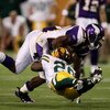 MINNEAPOLIS - NOVEMBER 09:  Adrian Peterson #29 of the Minnesota Vikings is tackled after a carry by linebacker safety Atari Bigby #20 of the Green Bay Packers on November 9, 2008 at the Metrodome in Mineapolis, Minnesota.  The Vikings won 28-27.  (Photo 