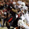 LUBBOCK, TX - NOVEMBER 01:  Michael Crabtree #5 of the Texas Tech Red Raiders carries the ball after making a reception during the first half of the game against the Texas Longhorns on November 1, 2008 at Jones Stadium in Lubbock, Texas.  (Photo by Jamie 