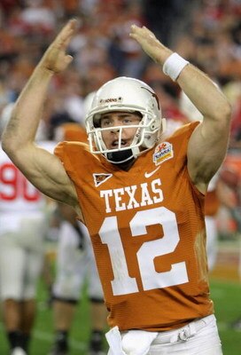 GLENDALE, AZ - JANUARY 05:  Quarterback Colt McCoy #12 of the Texas Longhorns celebrates after throwing a 7 yard touchdown reception against the Ohio State Buckeyes during the third quarter of the Tostitos Fiesta Bowl Game on January 5, 2009 at University