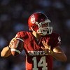 NORMAN, OK - OCTOBER 18:  Quarterback Sam Bradford #14 of the Oklahoma Sooners drops back to pass against the Kansas Jayhawks at Memorial Stadium on October 18, 2008 in Norman, Oklahoma.  (Photo by Ronald Martinez/Getty Images)
