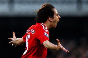 LONDON, ENGLAND - APRIL 04:  Yossi Benayoun of Liverpool celebrates after scoring the matchwinning goal deep in extra time during the Barclays Premier League match between Fulham and Liverpool at Craven Cottage on April 4, 2009 in London, England.  (Photo
